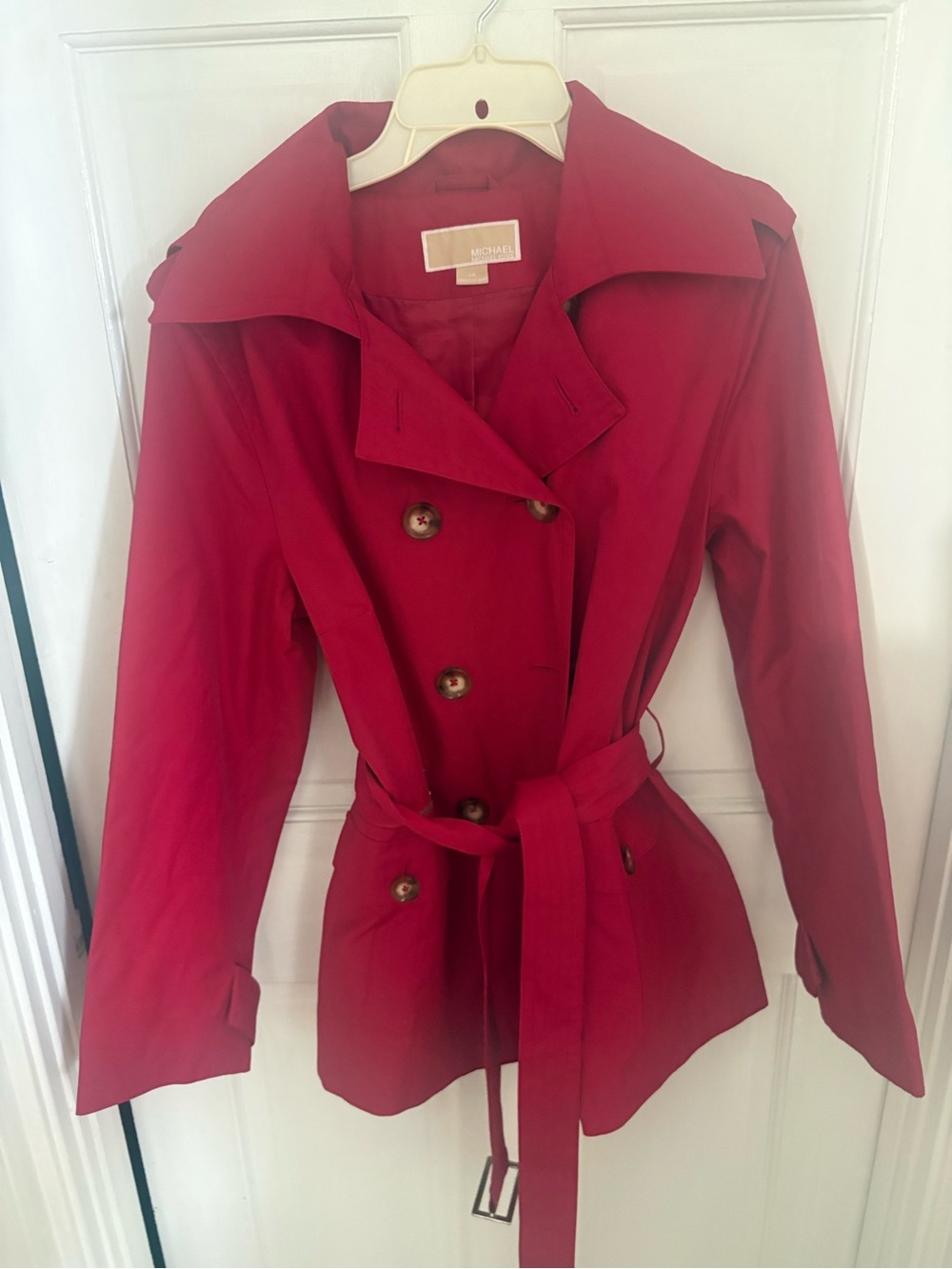 Michael Kors Red Double-Breasted Trench with Waist Tie
